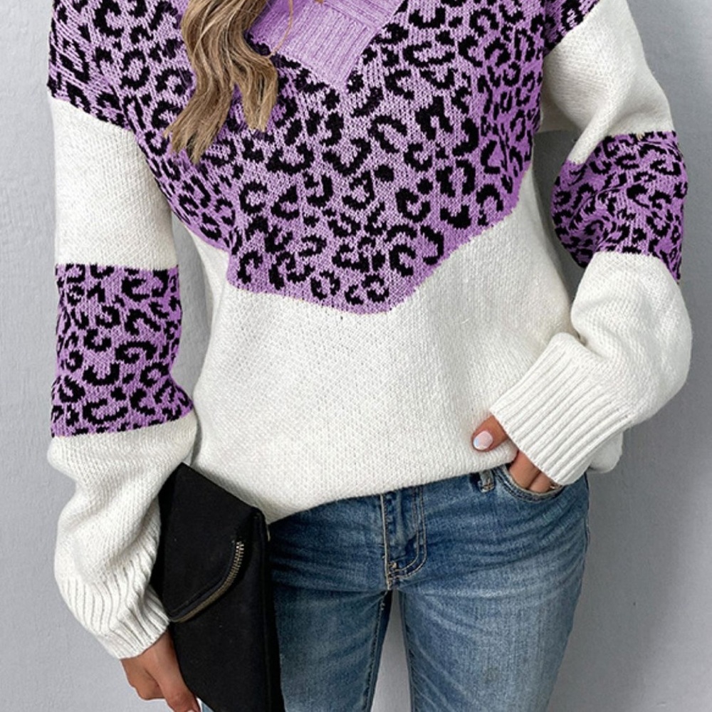 Leopard Color Block V-Neck Ribbed Trim Sweater - Picture 6 of 10